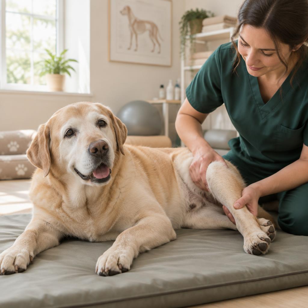 Senior-Labrador Balu bekommt Physiotherapie am Bein