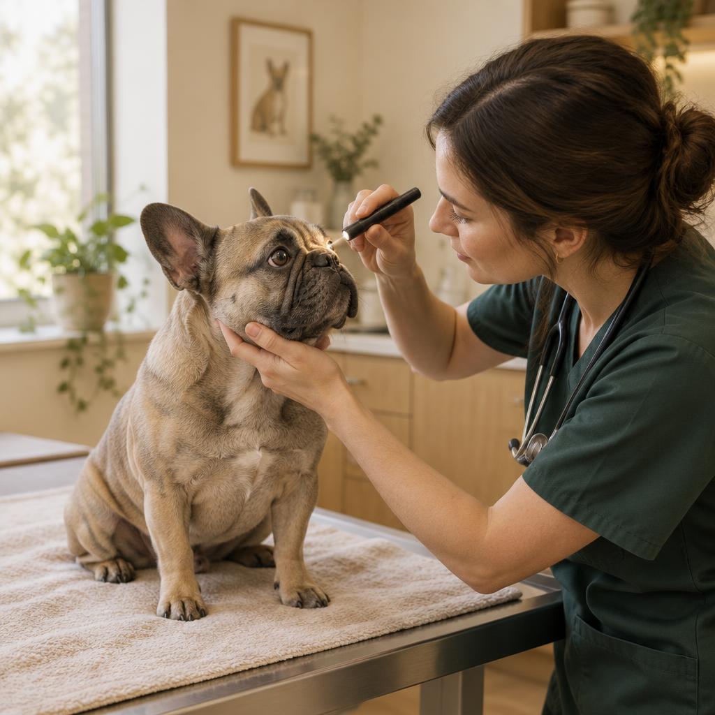 Französische Bulldogge Bruno wird am Auge untersucht